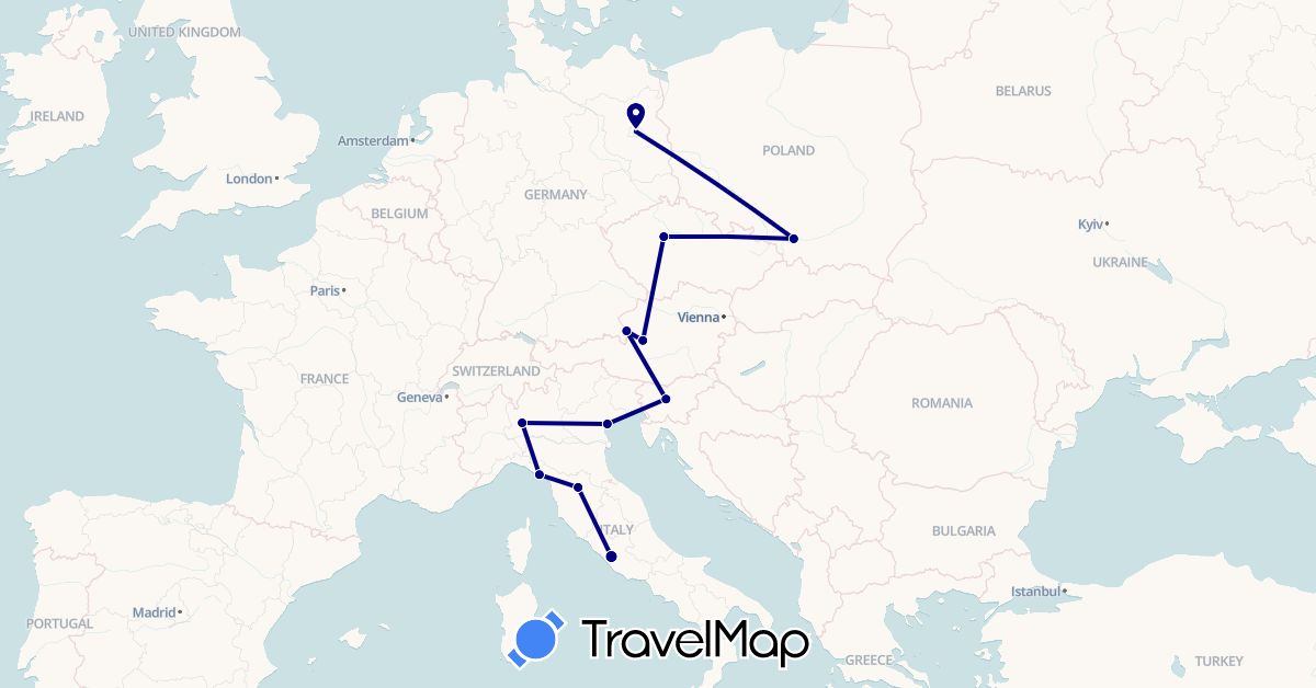 TravelMap itinerary: driving in Austria, Czech Republic, Germany, Italy, Poland, Slovenia (Europe)